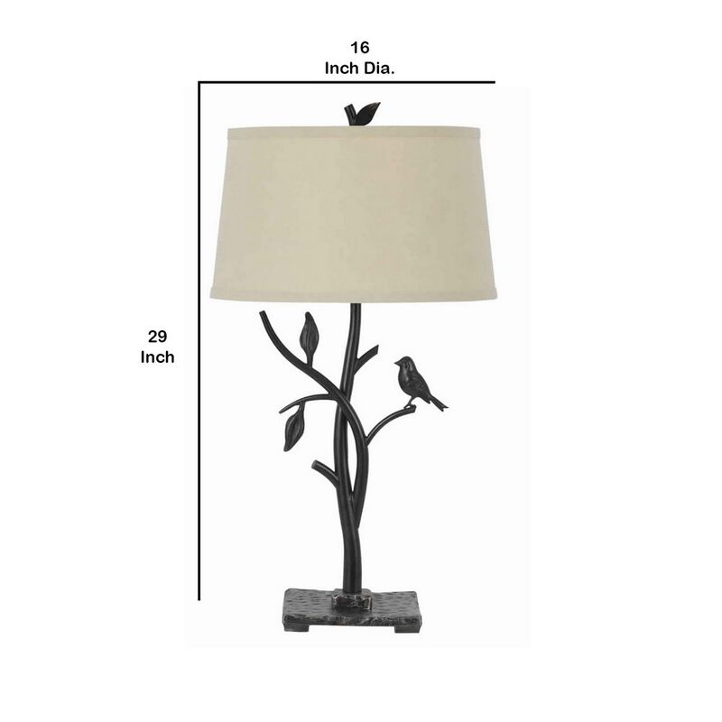 Metal Tree and Bird Body Table Lamp with Tapered Shade, Black and Beige-Benzara