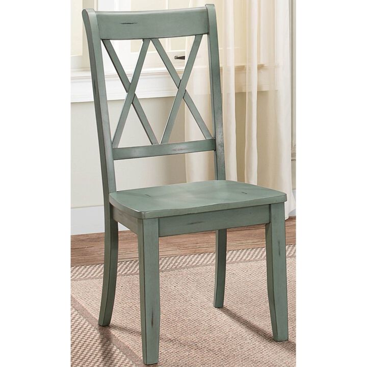 Pine Veneer Side Chair With Double X Cross Back, Teal Blue, Set of 2