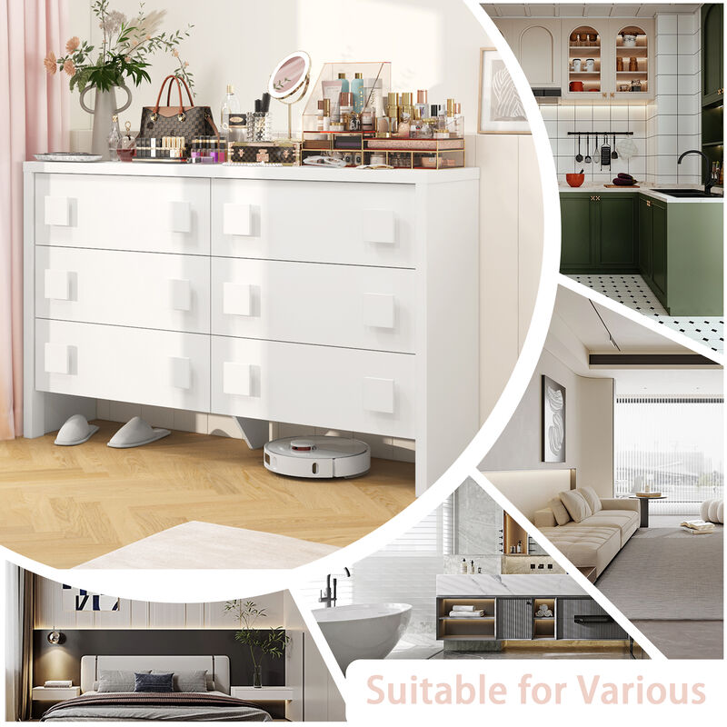 63" Double Dresser with 6 Large Drawers & Square Handles, Chest of Drawers with Slide Rails, Modern Wooden Storage Tower for Bedroom Living Room, White