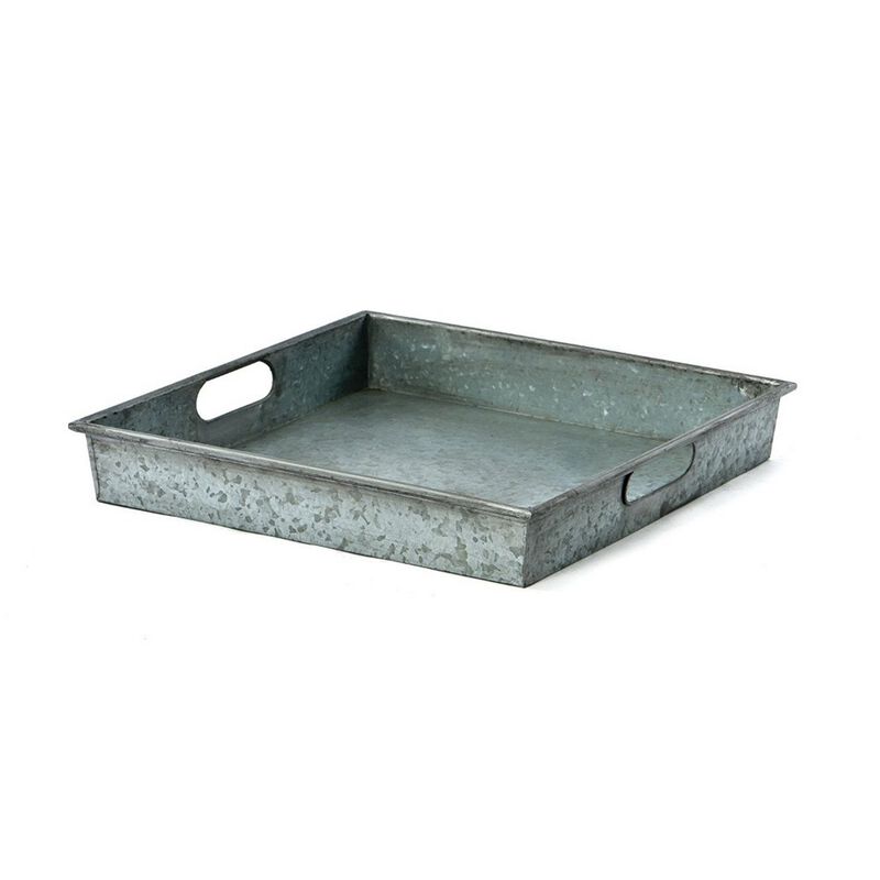 Benzara Square Galvanized Metal Tray With Handle, Gray-Benzara