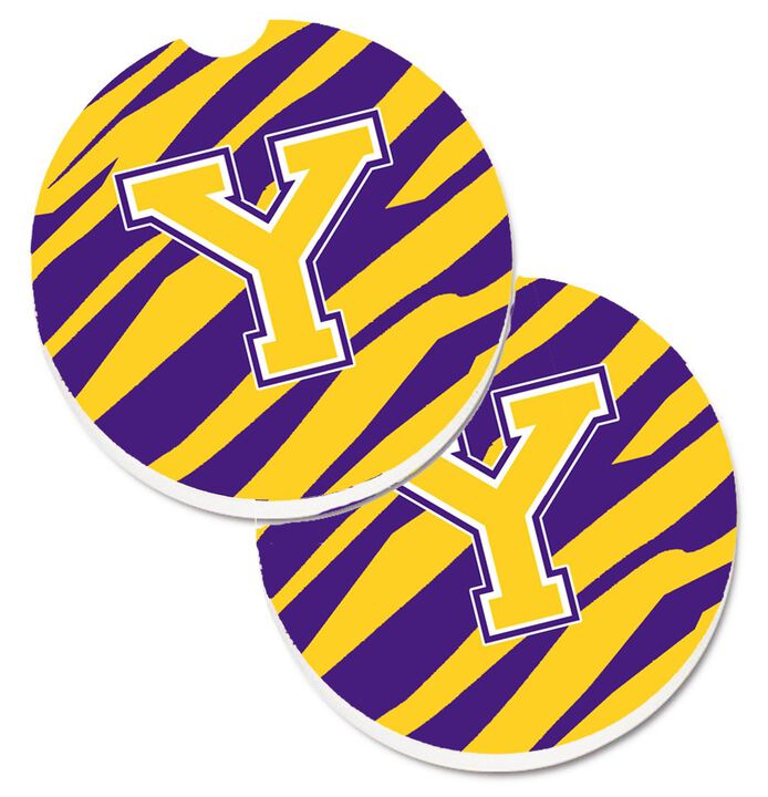 Caroline's Treasures Letter Y Monogram - Tiger Stripe - Purple Gold Set of 2 Cup Holder Car Coasters CJ1022-YCARC, 2.56, Multicolor