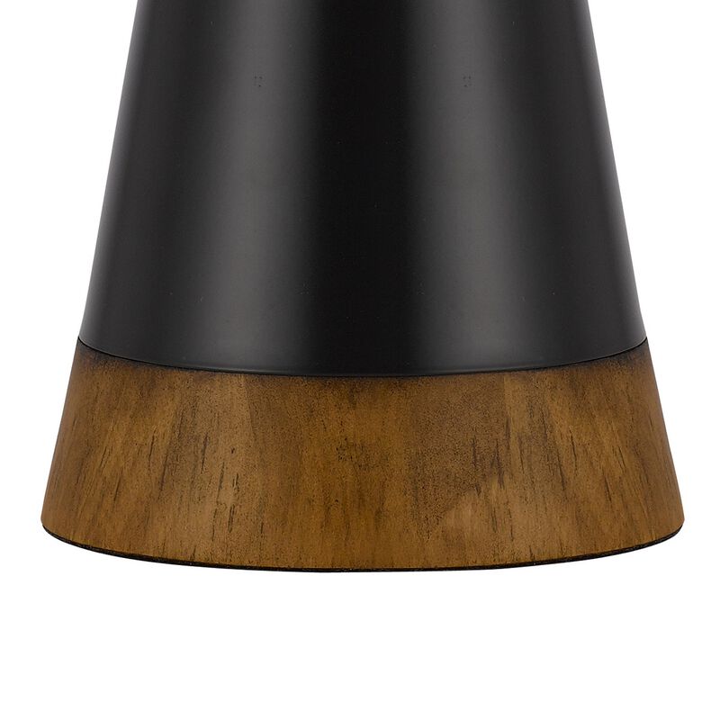 30 Inch 3 Way Table Lamp, Beige Mica Shade, Rubberwood and Black Metal Body-Benzara
