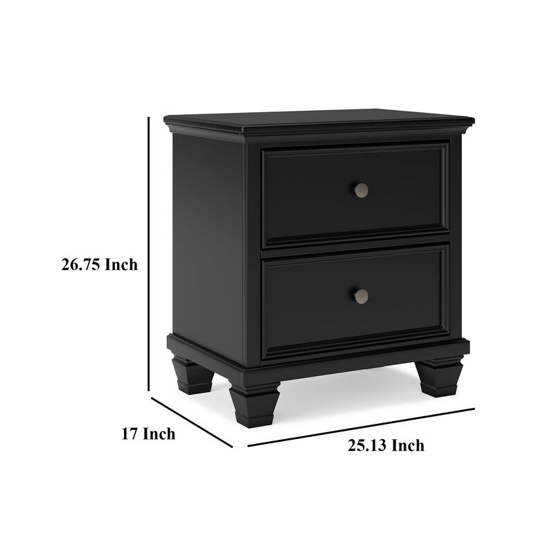 Lemo Nightstand, 2 Wide Drawers, Nickel Round Knobs, Black Solid Wood - Benzara