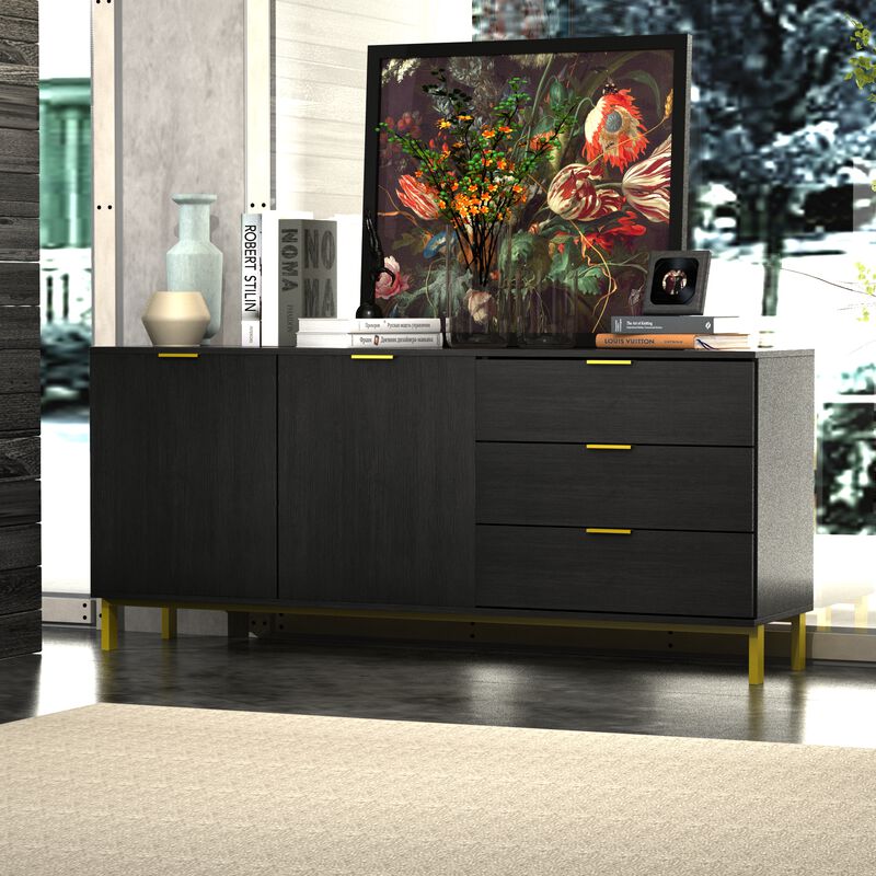 Sideboard Buffet Cabinet with 3 Drawers & 2 Doors for Kitchen, Entryway Cupboard with Gold Metal Legs, Black (62.9" L x 15.7" W x 27.5" H)