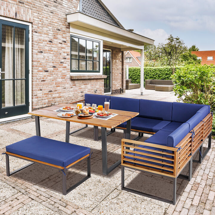 8 Pieces Patio Acacia Wood Dining Table Set with Ottoman Cushions