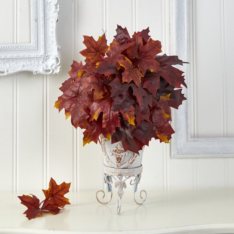 Hivvago 20" Autumn Maple Leaf Artificial Plant in Metal Planter - Burgundy