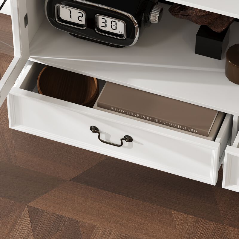 FUFU&GAGA Modern White Cabinet with Glass Doors, 2 Drawers & 8 Shelves, Elegant Storage for Dining Room, Living Room, or Kitchen (77.2"H x 50.4"W x 15.7"D),White