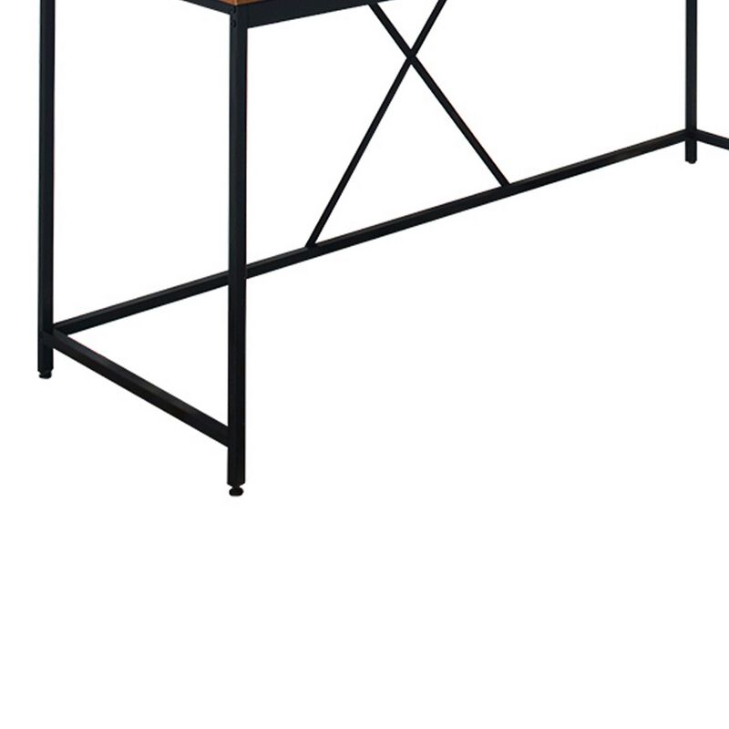 Posy Corner Desk, L Shaped Black Metal Frame, X Crossed, Oak Brown Wood Top - Benzara