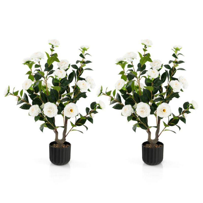 Hivvago 38 Inch Artificial Camellia Tree Faux Flower Plant in Cement Pot 2 Pack