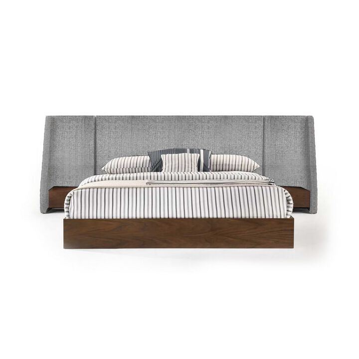 Nie Queen Bed, Gray Upholstered Wide Wall Headboard, Walnut Brown Wood - Benzara
