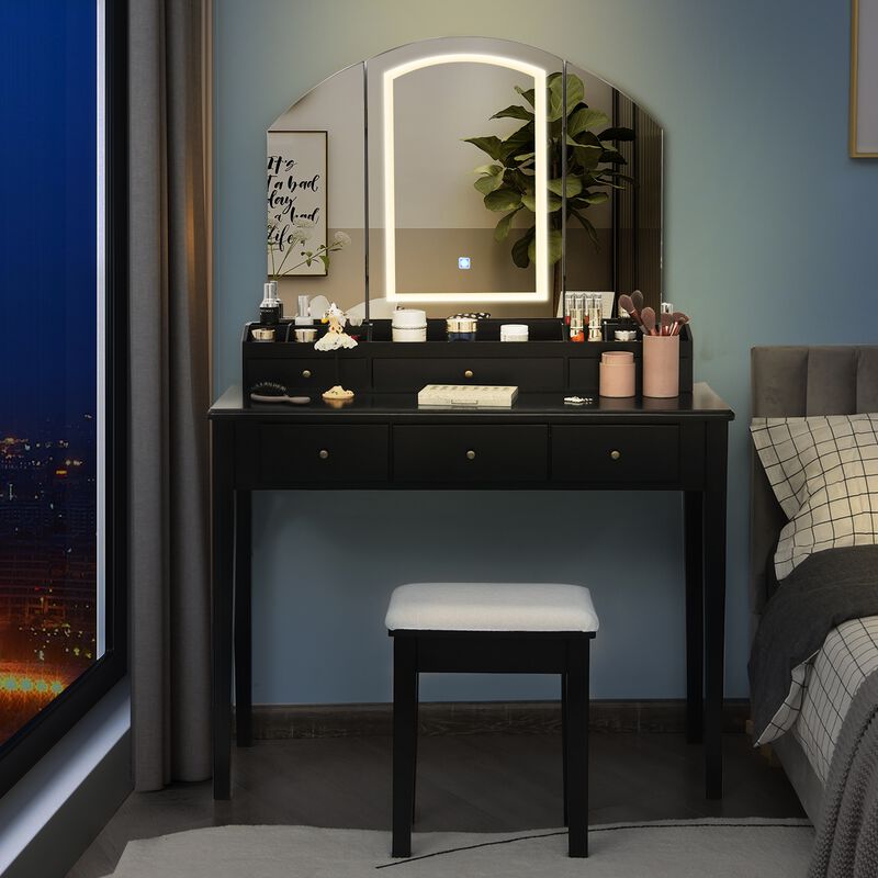 Vanity Table Stool Set with Large Tri-Folding Lighted Mirror for Bedroom or Dressing Area