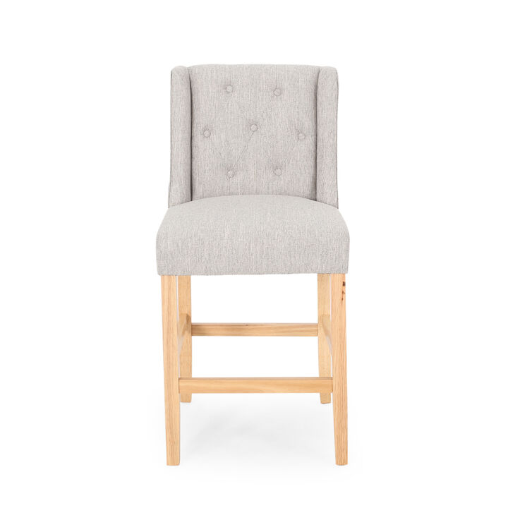 Seliva Counter Stool Chair Set of 2, Light Gray Fabric, Tufted, Brown Wood - Benzara