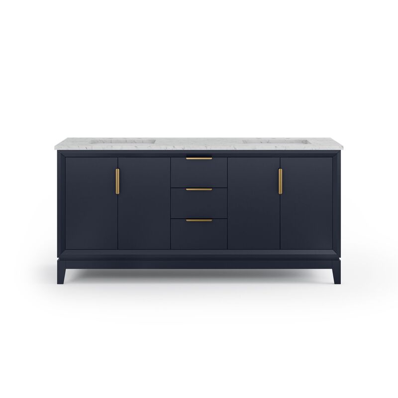 Elizabeth 72 In. Double Sink Carrara White Marble Countertop Bath Vanity In Monarch Blue with Satin Gold Hardware