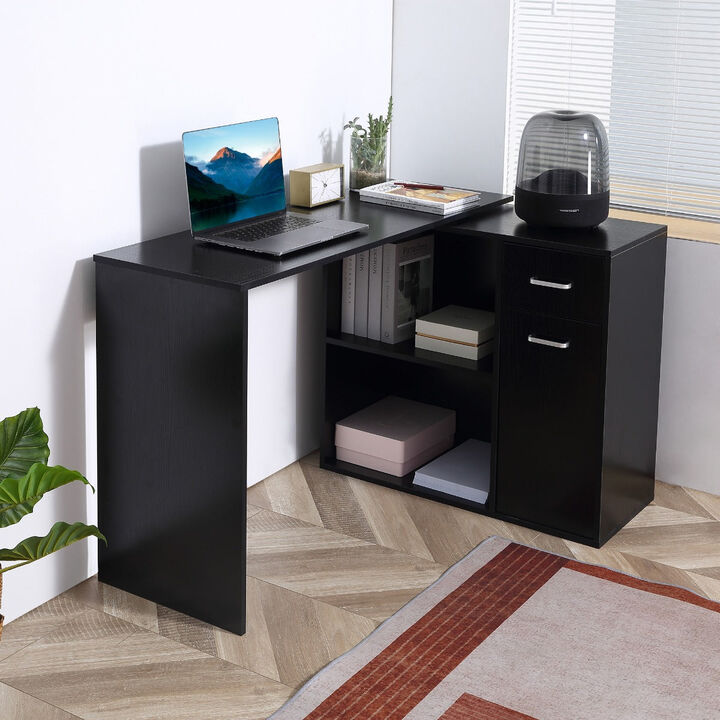 L-Shaped Corner Workstation: Black, Rotating Shelves, Drawer