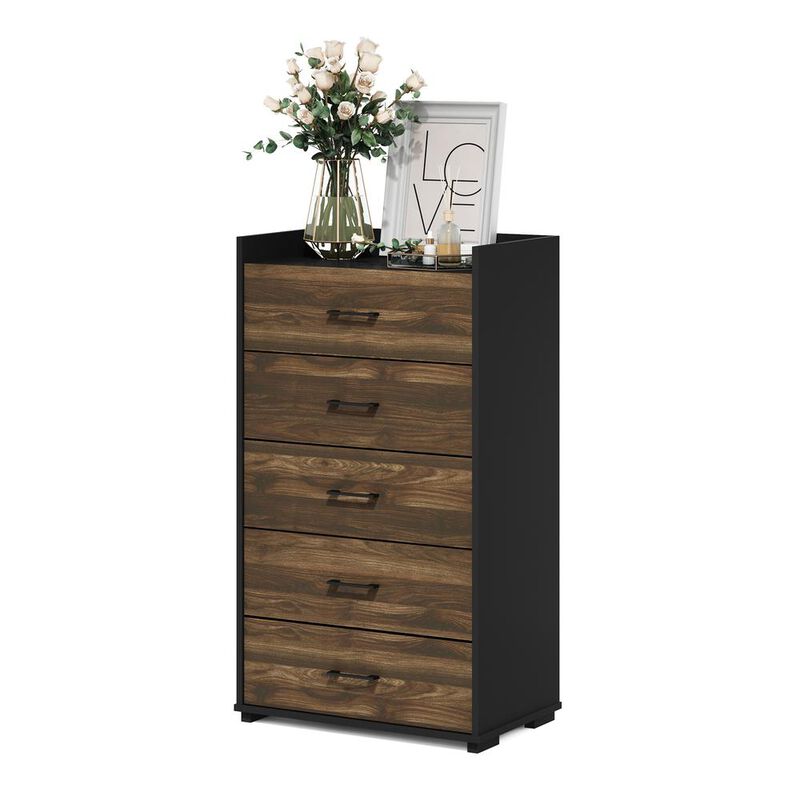 Furinno Tidur Modern Organization and Storage Handle Bedroom 5-Drawer Chest Dresser, Columbia Walnut/Black