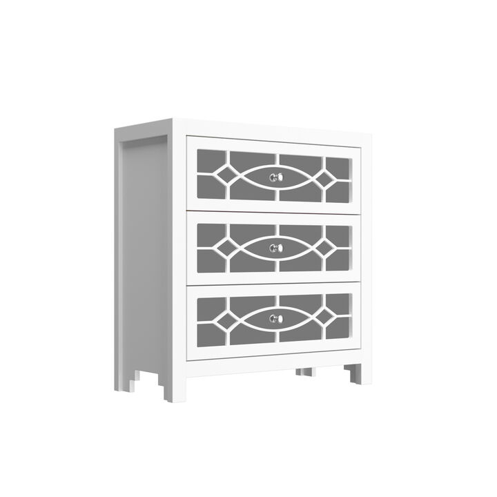 3-Mirrored Drawers White Wood Nightstands Bedside Table With Mirror Finish 11.8 in. D x 26 in. W x 28 in. H