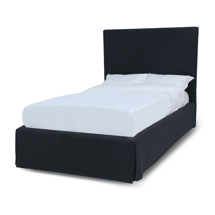 Cove Upholstered California King Size Skirted Panel Bed with Storage, Black - Benzara
