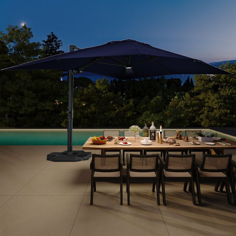 10x13 ft. 360° Rotation Cantilever Patio Umbrella with BaseandBT in Navy Blue