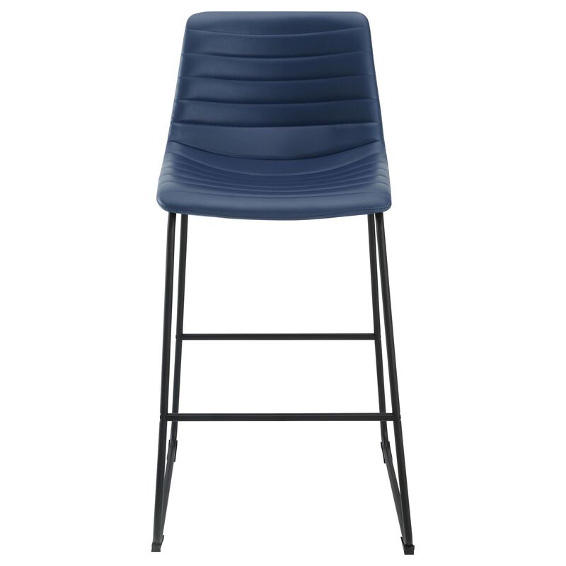 Zuno Bar Height Chair Set of 2, Blue Faux Leather, Black Metal 30 Inch - Benzara