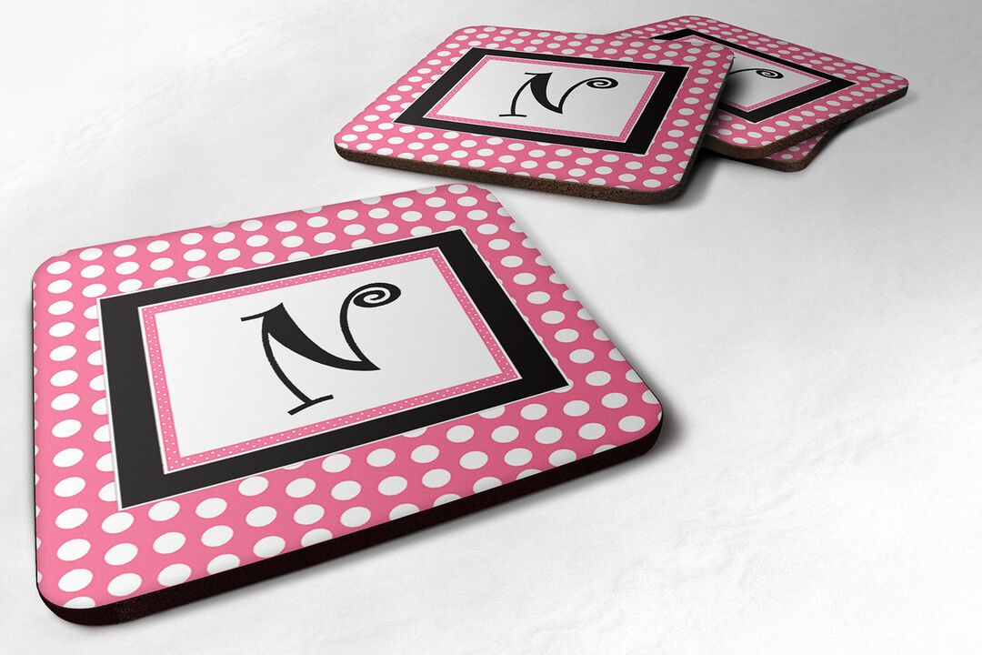 Caroline's Treasures CJ1001-NFC Monogram-Pink Black Polka Dots Foam Coasters (Set of 4), Initial Letter N, 3.5 H x 3.5 W, Multicolor
