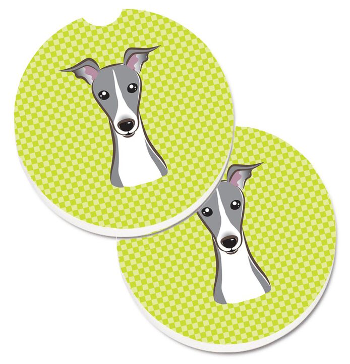 Caroline's Treasures Checkerboard Lime green Italian Greyhound Set of 2 Cup Holder Car Coasters BB1298CARC, 2.56, Multicolor