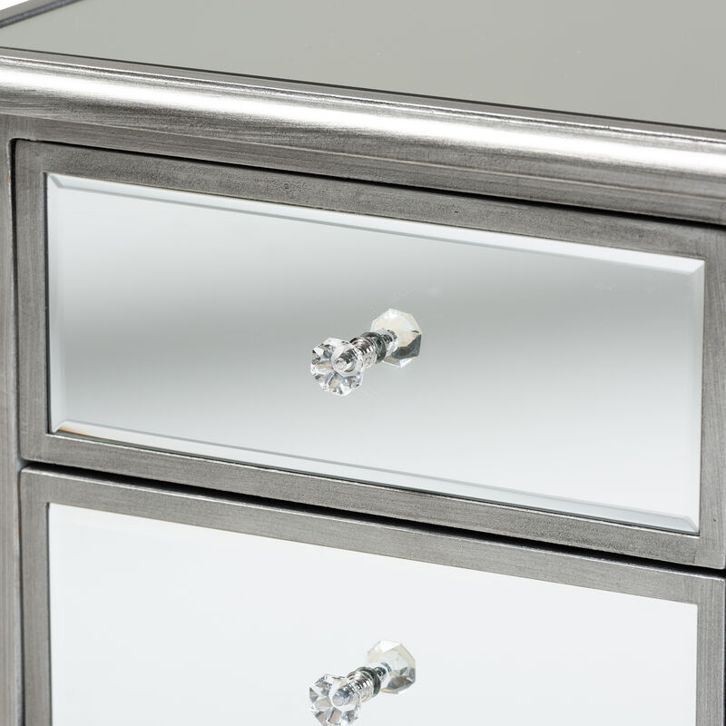 Baxton Studio Leonie Brushed Silver Finished Wood and Mirrored Glass 2 Drawer End Table