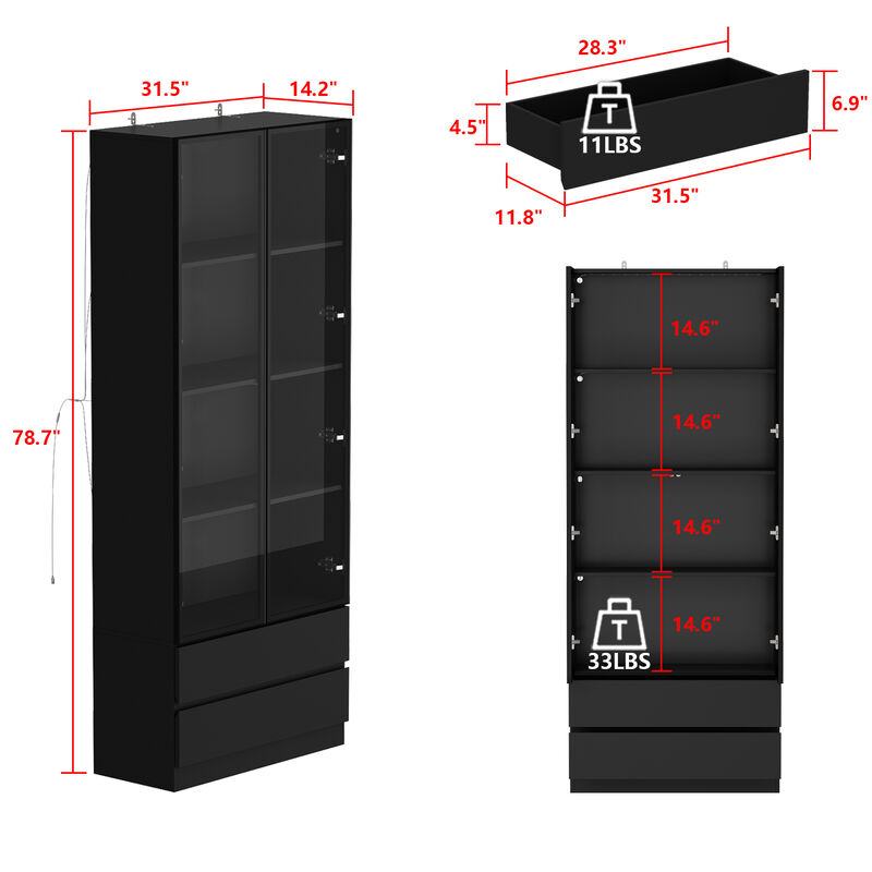 78.7 in. Black Wooden Accent Storage Cabinet With 2-Glass Doors, Drawers, Adjustable Shelves, LED Lights