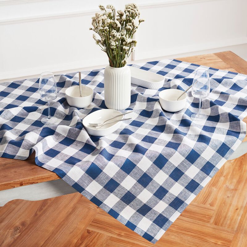 Solino Home 100% Pure Linen Table Throw 52 x 52 Inch | Buffalo Check