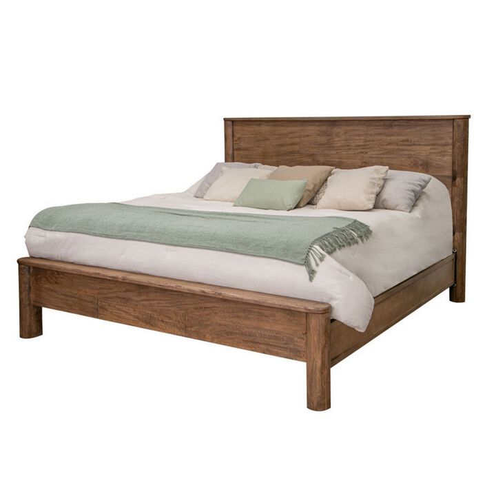 Olum King Size Bed, Mango Wood, Grain Details, Rounded Edges, Rustic Brown - Benzara