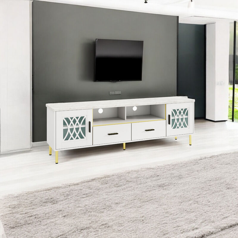 TV Stand with Glass Doors for Flat Screen TVs and Elegant Media Storage