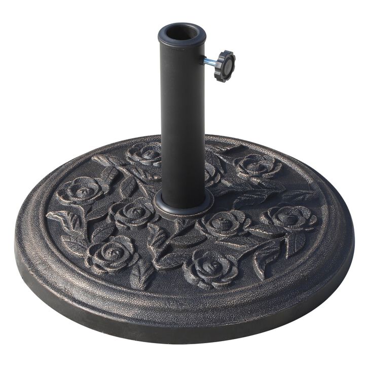 Bronze Umbrella Base: 18" Round Resin Stand with Rose Pattern for 1.5", 1.89" Poles