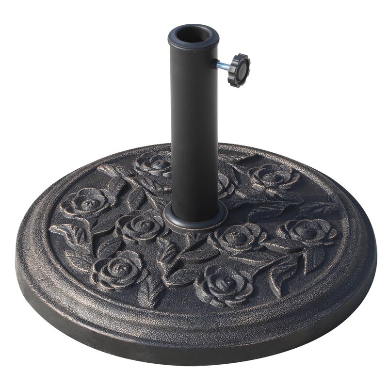 Bronze Umbrella Base: 18" Round Resin Stand with Rose Pattern for 1.5", 1.89" Poles