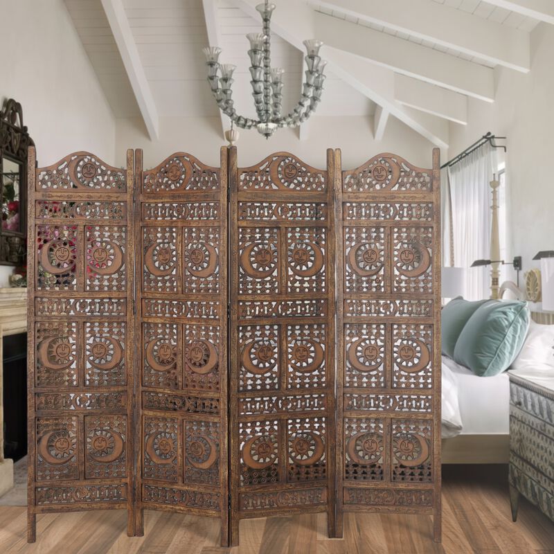 71 Inch 4 Panel Mango Wood Room Divider, Hand Carved, Sun & Moon Design, Brown-Benzara