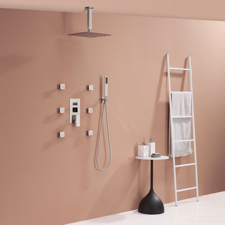 Mondawe Temperature Digital Display 3 Functions Ceiling Mounted Thermostatic Shower System with 6 Body Jets and Rough-in Valve in Brushed Nickel