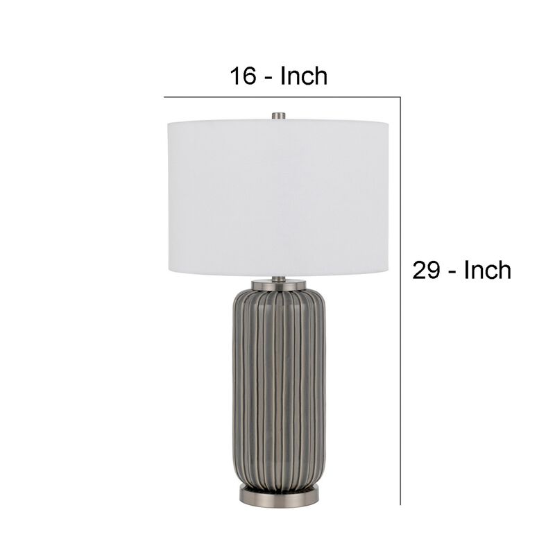 29 Inch Ceramic Curved Table Lamp with Stripes, Dimmer, Gray-Benzara
