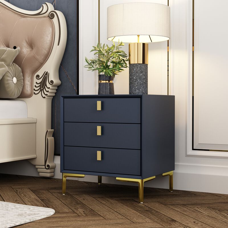 Black 3-Drawers 19.6 in. Width x 21.3 in. Height Wooden Nightstand, Bed Side Table with Golden Legs for Bedside Storage