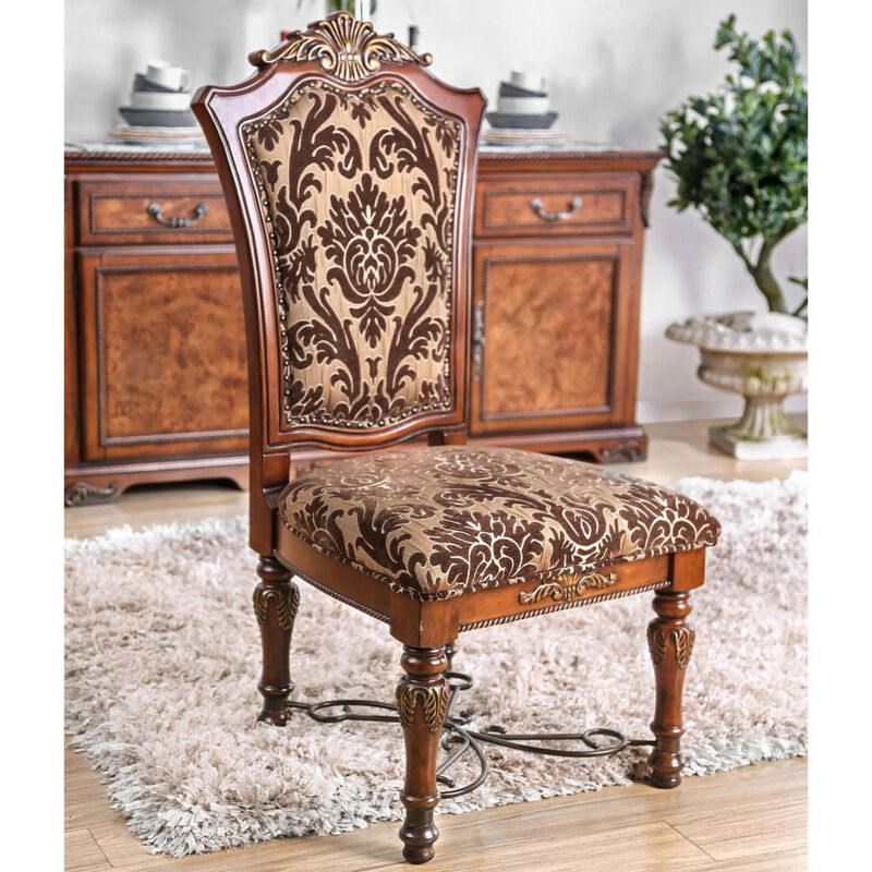 Brown Cherry Side Chairs with Floral Design Seats