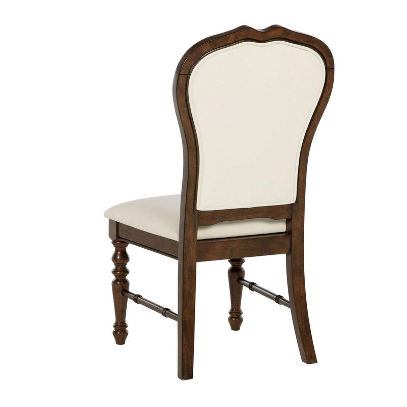 Monta Dining Side Chair Set of 2, Classic Brown Wood, Ivory Fabric - Benzara