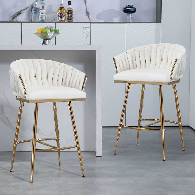 26'' Counter height bar stools Set of 2 kitchen island counter bar stool with hand- wave back,golden chromed base and footrest
