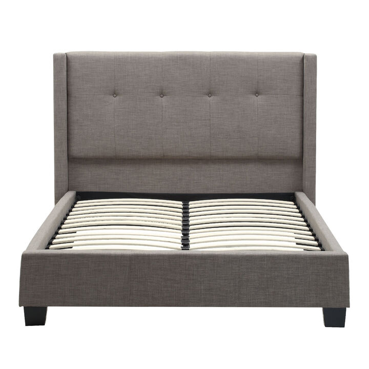 Adams Low Profile King Bed, Piped Edges, Tufted Linen, Gray - Benzara