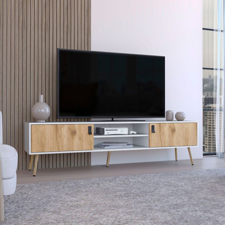 DEPOT E-SHOP Toka TV Rack with 2 Hinged Doors and�Central Shelves, White/Macadamia