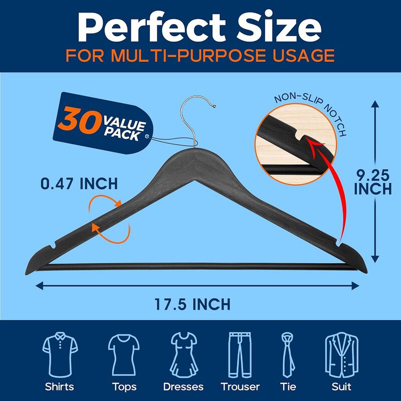Campior Wooden Clothes Hangers - 30 Pack, Durable, Non-Slip, Space-Saving Hangers for Dresses, Coats, and More, Holds Up to 10 lbs with 360° Swivel Hook, Black Finish