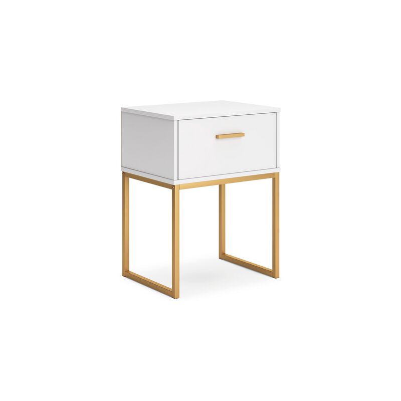 Alli Nightstand, 1 Drawer, Matte White Wood, Gold Metal Legs, 26 Inch - Benzara