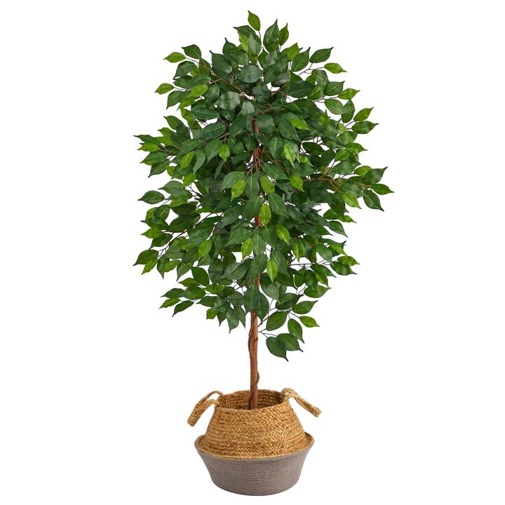 Nearly Natural 4-ft Ficus Tree in Boho Chic Cotton & Jute Gray Woven Planter