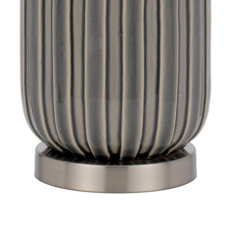 29 Inch Ceramic Curved Table Lamp with Stripes, Dimmer, Gray-Benzara