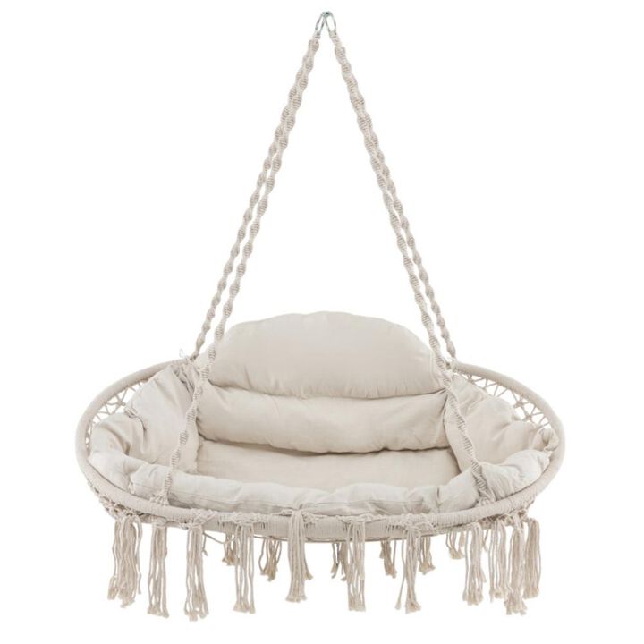 Hivvago Hand-Woven Rope Hanging Chair with Thick Cushion and Folding Metal Frame-Beige