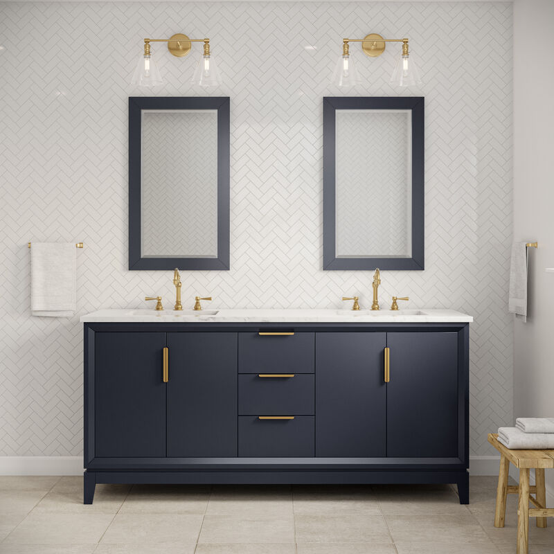 Elizabeth 72 In. Double Sink Carrara White Marble Countertop Bath Vanity In Monarch Blue with Satin Gold Hardware