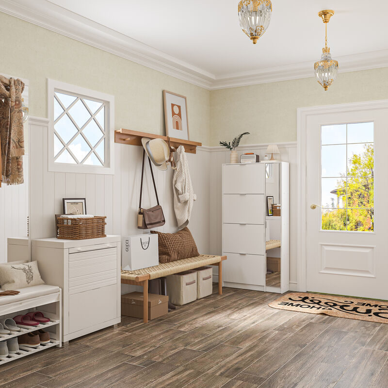 Modern Shoe Storage Cabinet with 4 Flip Drawers & Mirror, Wood 4-Tier Shoe Rack Storage Organizer with Shelves and Door for Entryway, Hallway & Bedroom, White (31.5”L x 9.4”W x 61.2”H)