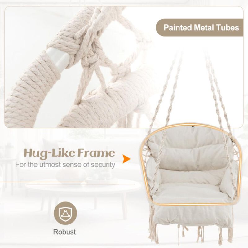 Hivvago Hammock Chair with Thick Cushion & Macrame Holds up to 330 LBS-Beige