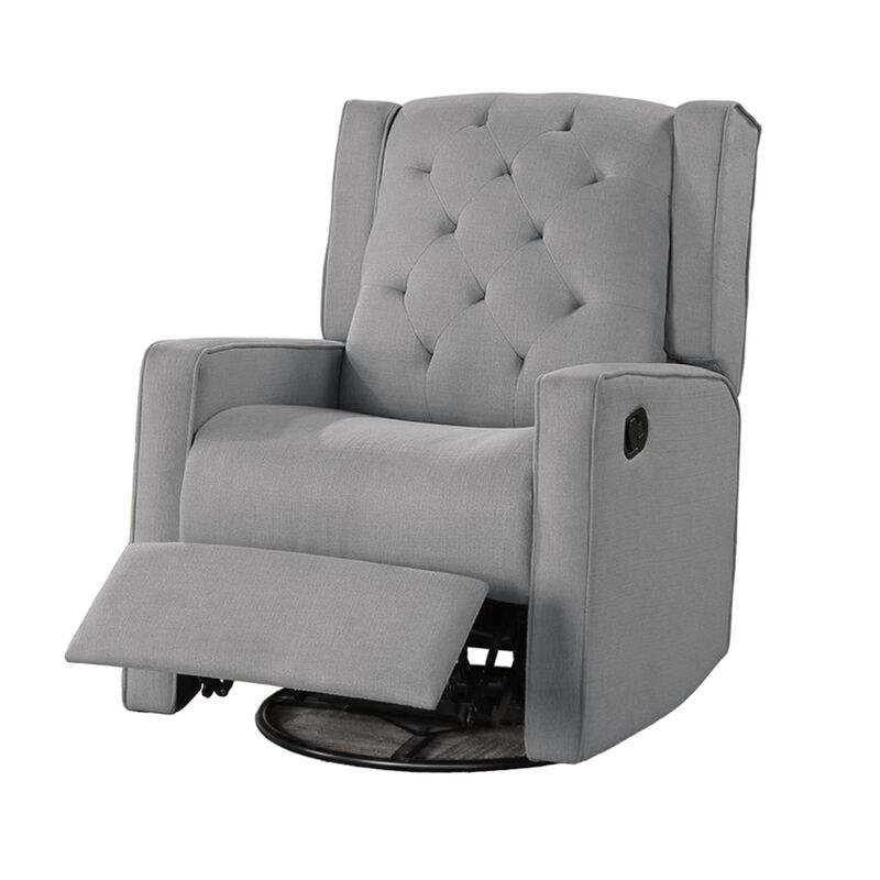 Manie Swivel Glider Manual Recliner, Solid Wood, Classic Gray Burlap - Benzara